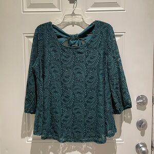 Roz & Ali Dark Green Lace Cutout Back Long Sleeve Blouse Top Petite Size XL